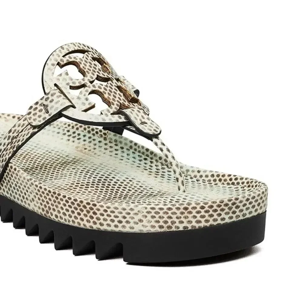 NEW Tory Burch Miller Cloud Lug Sandals Snake Print Leather Thong Slides US 9.5